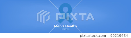 Mens health month concept horizontal banner design template with blue ribbon and text isolated on blue background. June is national mens health awareness month vector flyer or poster Mens health month concept horizontal banner design template with blue ribbon and text isolated on blue background. June is national mens health awareness month vector flyer or poster 90219484
