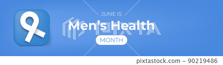 Mens health month concept horizontal banner design template with blue ribbon and text isolated on blue background. June is national mens health awareness month vector flyer or poster 90219486