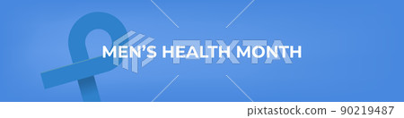 Mens health month concept horizontal banner design template with blue ribbon and text isolated on blue background. June is national mens health awareness month vector flyer or poster Mens health month concept horizontal banner design template with blue ribbon and text isolated on blue background. June is national mens health awareness month vector flyer or poster 90219487