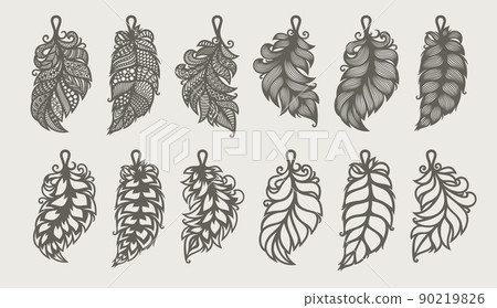 Set of pendants in the shape of leaf, feather. Beautiful hanging decoration, ornaments with lace pattern. Vector template for cnc, plotter laser cutting of jewelry, key chains, accessories, bijouterie Set of pendants in the shape of leaf, feather. Beautiful hanging decoration, ornaments with lace pattern. Vector template for cnc, plotter laser cutting of jewelry, key chains, accessories, bijouterie 90219826