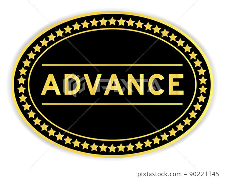 Black and gold color oval label sticker with word advance on white background 90221145