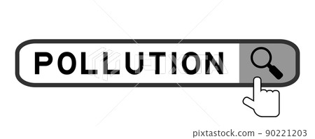 Search banner in word pollution with hand over magnifier icon on white background 90221203