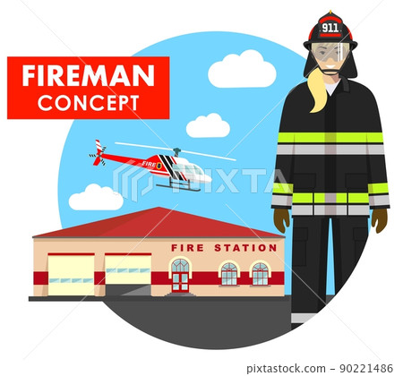 Fireman concept. Detailed illustration of woman firefighter in uniform on background with fire station building and helicopter in flat style. Vector illustration. Fireman concept. Detailed illustration of woman firefighter in uniform on background with fire station building and helicopter in flat style. Vector illustration. 90221486