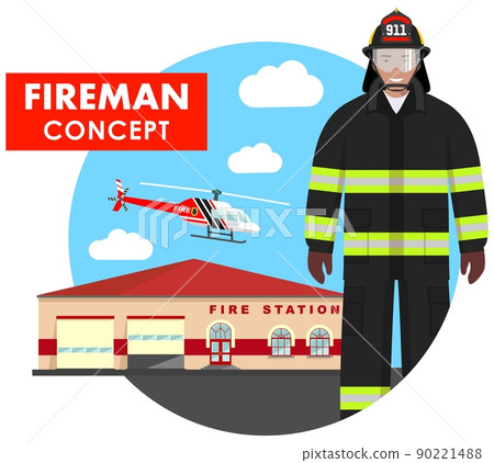 Fireman concept. Detailed illustration of firefighter in uniform on background with fire station building and helicopter in flat style. Vector illustration. Fireman concept. Detailed illustration of firefighter in uniform on background with fire station building and helicopter in flat style. Vector illustration. 90221488