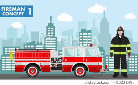Fireman concept. Detailed illustration of man firefighter and fire truck in flat style on background with cityscape. Vector illustration. Fireman concept. Detailed illustration of man firefighter and fire truck in flat style on background with cityscape. Vector illustration. 90221493