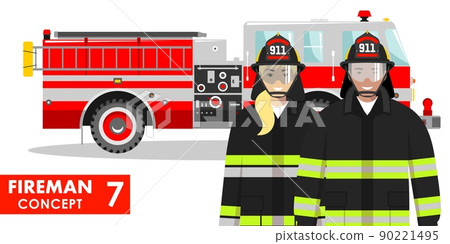 Firefighter concept. Detailed illustration of fireman and firewoman in uniform standing together near fire truck in flat style on white background. Vector illustration. 90221495