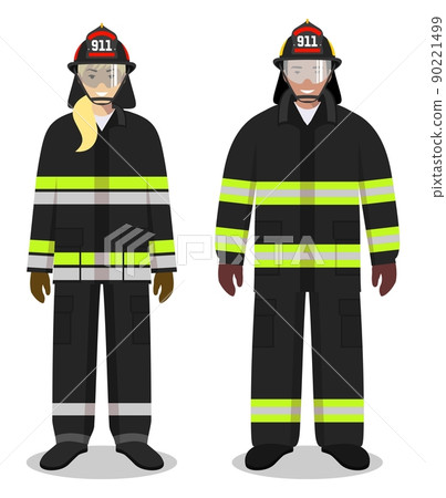 Firefighter concept. Couple of fireman and firewoman standing together on white background in flat style. Flat design people characters. Vector illustration. Firefighter concept. Couple of fireman and firewoman standing together on white background in flat style. Flat design people characters. Vector illustration. 90221499
