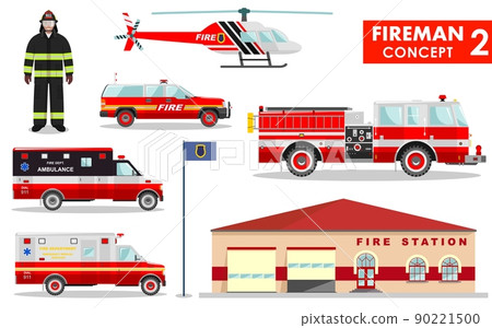 Fireman concept. Detailed illustration of firefighter, fire station building, firetruck and helicopter in flat style on white background. Vector illustration. 90221500
