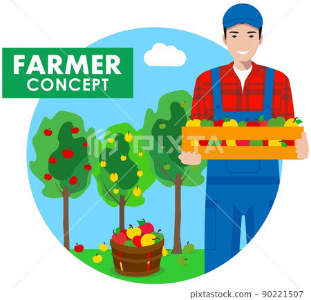 Farmer concept. Detailed illustration of gardener man in overalls on background with apple trees in flat style. Vector illustration. 90221507