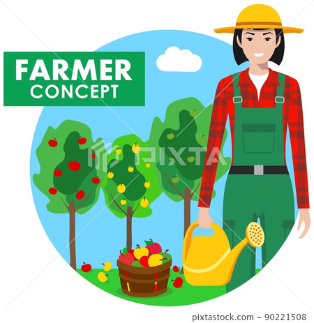 Farmer concept. Detailed illustration of gardener woman in overalls on background with apple trees in flat style. Vector illustration. 90221508