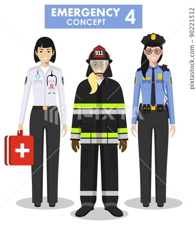 Emergency concept. Detailed illustration of female firefighter, doctor and policeman in flat style on white background. Vector illustration. 90221512