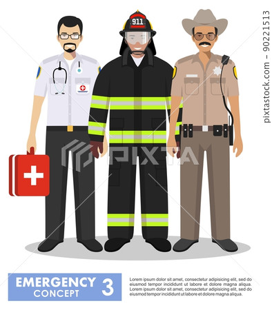 Emergency concept. Detailed illustration of firefighter, doctor and policeman sheriff in uniform standing together in flat style on white background. Vector illustration. 90221513