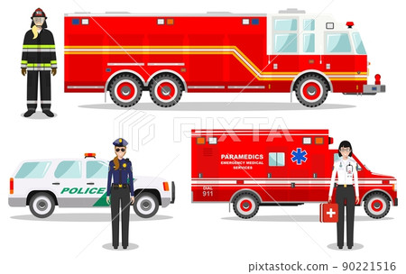Emergency concept. Detailed illustration of firefighter, doctor, policewoman with fire truck, ambulance and police car in flat style on white background. Vector illustration. Emergency concept. Detailed illustration of firefighter, doctor, policewoman with fire truck, ambulance and police car in flat style on white background. Vector illustration. 90221516