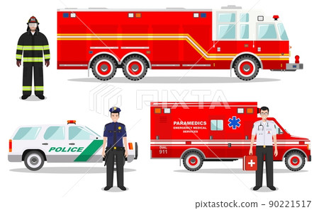 Emergency concept. Detailed illustration of firefighter, doctor, policeman with fire truck, ambulance and police car in flat style on white background. Vector illustration. 90221517