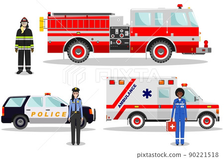 Emergency concept. Detailed illustration of female firefighter, doctor, policeman with fire truck, ambulance and police car in flat style on white background. Vector illustration. Emergency concept. Detailed illustration of female firefighter, doctor, policeman with fire truck, ambulance and police car in flat style on white background. Vector illustration. 90221518