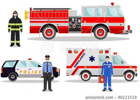 Emergency concept. Detailed illustration of firefighter, doctor, policeman with fire truck, ambulance and police car in flat style on white background. Vector illustration. Emergency concept. Detailed illustration of firefighter, doctor, policeman with fire truck, ambulance and police car in flat style on white background. Vector illustration. 90221519