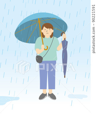 一個女人在雨中打著傘打招呼,雨季 一個女人在雨中打著傘打招呼,雨季 90221591