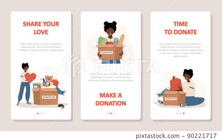 Donation and charity concept. African volunteers women with boxes full of humanitarian help. Philanthropy. Time to donation. Share your love. Vector cartoon illustration. Set of mobile banners 90221717