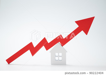 a red up arrow and house. The concept of the rising price of real estate 90222404