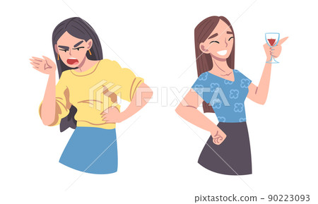 Angry Woman with Grumpy Face and Smiling with Glass of Wine Vector Set Angry Woman with Grumpy Face and Smiling with Glass of Wine Vector Set 90223093