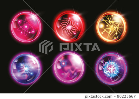 Magic crystal ball vector set, glass energy purple globe 3D neon light circle, witch fortune sphere Magic crystal ball vector set, glass energy purple globe 3D neon light circle, witch fortune sphere 90223667