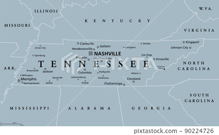 Tennessee, TN, gray political map, with capital Nashville, and with large, important cities. State of Tennessee, located in the Southeastern region of the United States. Nicknamed The Volunteer State. 90224726