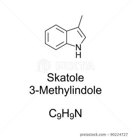 Skatole, 3-methylindole, chemical formula and structure. Organic compound, occurs naturally in feces of mammals and birds. Primary contributor to fecal odor, in low concentrations with flowery smell. Skatole, 3-methylindole, chemical formula and structure. Organic compound, occurs naturally in feces of mammals and birds. Primary contributor to fecal odor, in low concentrations with flowery smell. 90224727