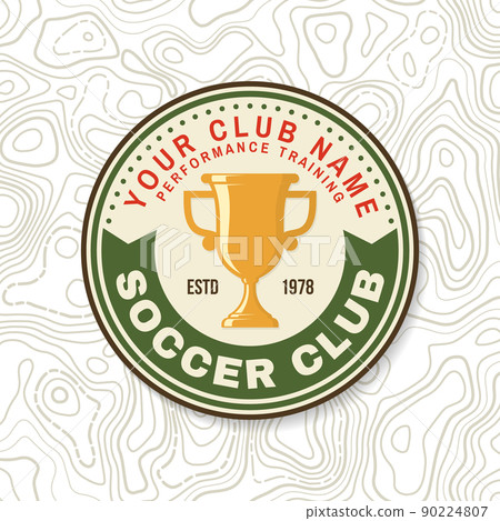 Soccer, football club patch design. Vector illustration. For college league football club sign, logo. Vintage color label, sticker, patch with soccer trophy cup silhouettes. Soccer, football club patch design. Vector illustration. For college league football club sign, logo. Vintage color label, sticker, patch with soccer trophy cup silhouettes. 90224807