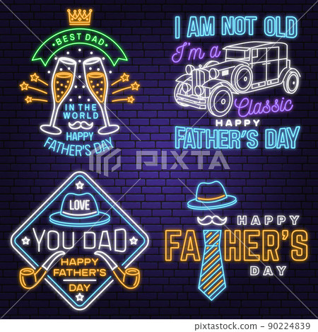 Set of Happy Father's Day badge, logo Neon sign. Vector illustration. Vintage style Father's Day Designs with retro car , mustache and glasses of champagne bright signboard, light banner. Set of Happy Father's Day badge, logo Neon sign. Vector illustration. Vintage style Father's Day Designs with retro car , mustache and glasses of champagne bright signboard, light banner. 90224839