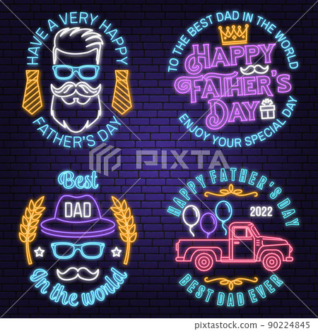 Set of Happy Father's Day badge, logo design Neon sign. Vector illustration. Vintage style Father's Day Designs with pickup truck, hipster father and ties bright signboard, light banner. Set of Happy Father's Day badge, logo design Neon sign. Vector illustration. Vintage style Father's Day Designs with pickup truck, hipster father and ties bright signboard, light banner. 90224845