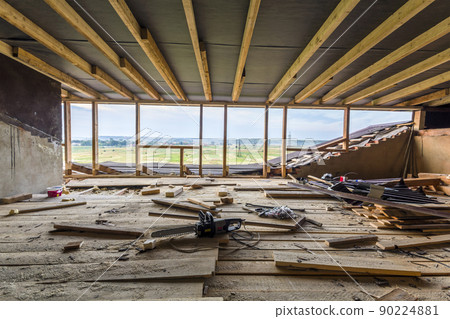 New residential construction home framing. Interior framing of a new house under construction New residential construction home framing. Interior framing of a new house under construction 90224881