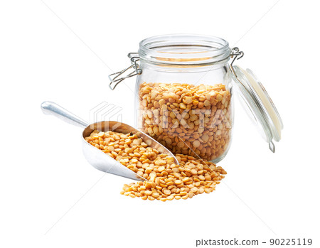 dried peas in metal scoop and in glass storage jar isolated on white background. dried peas in metal scoop and in glass storage jar isolated on white background. 90225119