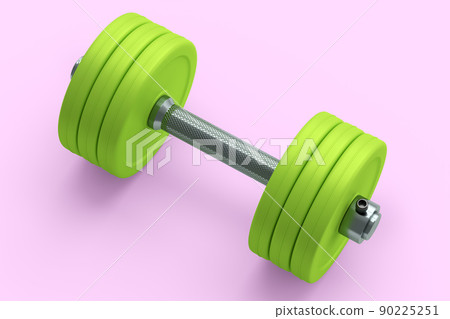 Metal dumbbell with green disks isolated on pink background. 3d rendering of sport equipment for fitness and powerlifting Metal dumbbell with green disks isolated on pink background. 3d rendering of sport equipment for fitness and powerlifting 90225251