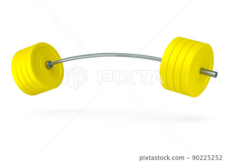 Abstract metal barbell with yellow disks isolated on white background. 3d rendering of sport equipment for fitness and powerlifting Abstract metal barbell with yellow disks isolated on white background. 3d rendering of sport equipment for fitness and powerlifting 90225252