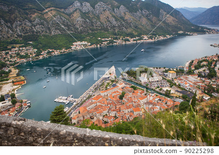 Unrealistically beautiful view of the Bay of Kotor on a beautiful summer day in Montenegro. A very beautiful fjord. 90225298