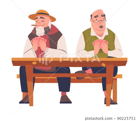 Senior Male Friends Playing Cards Game Sitting on Bench at Table Vector Illustration Senior Male Friends Playing Cards Game Sitting on Bench at Table Vector Illustration 90225751