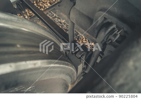 Brake pad of a railway car. Braking system for the wheelsets of wagons on the railway. Selective focus 90225804