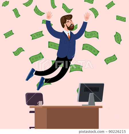 Happy businessman jump in air falling money rain in office. Success finance business, falling cash. Vector illustration Happy businessman jump in air falling money rain in office. Success finance business, falling cash. Vector illustration 90226215