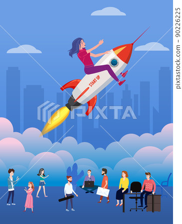 Businesswoman on a rocket fly Start up, through... - Stock Illustration ...