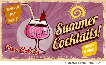 Summer Pina Colada Cocktail Retro banner. Cocktail lounge vintage background, scratched old textured paper Summer Pina Colada Cocktail Retro banner. Cocktail lounge vintage background, scratched old textured paper 90226248