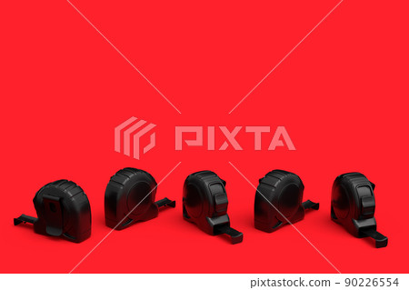 Set of black carpenter measuring tape on red background with units scale 90226554