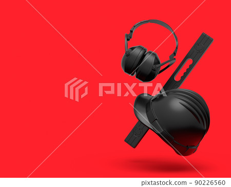 Flying view of black construction tools for repair on red background 90226560