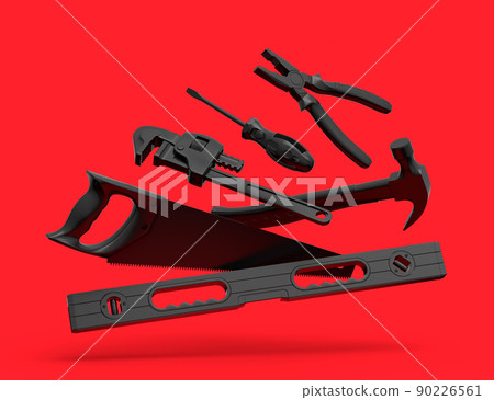 Flying view of black construction tools for repair on red background 90226561