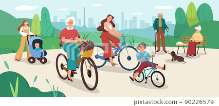 Flat people walking and cycling in public city park 90226579