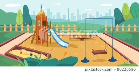 Flat kids playground in park with sandbox, slide and swing 90226580
