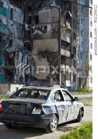 Borodianka, Ukraine, May 28, 2022: Houses destroyed by Russian soldiers 90226612