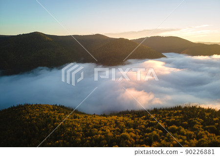 Aerial view of amazing scenery with foggy dark mountain forest pine trees at autumn sunrise. Beautiful wild woodland with shining rays of light at dawn 90226881