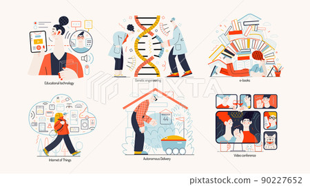 Technology Memphis illustrations -educational technology, genetic engineering, ebooks, internet of things, autonomous delivery, video conferencing technology Creative landing web page illustration set 90227652