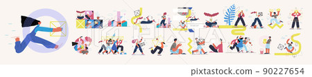 Startup illustrations set. Flat line vector modern concept illustration of people, startup metaphor. Concept of building new business, planning, strategy, teamwork and management. Company processes Startup illustrations set. Flat line vector modern concept illustration of people, startup metaphor. Concept of building new business, planning, strategy, teamwork and management. Company processes 90227654