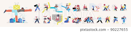 Startup illustrations set. Flat line vector modern concept illustration of people, startup metaphor. Concept of building new business, planning, strategy, teamwork and management. Company processes Startup illustrations set. Flat line vector modern concept illustration of people, startup metaphor. Concept of building new business, planning, strategy, teamwork and management. Company processes 90227655